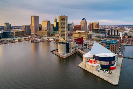 Aerial view of the Inner Harbor in Baltimore, Maryland.のeditorial素材