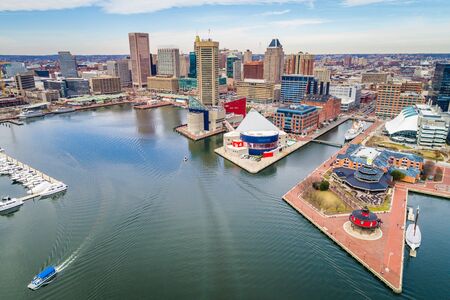 Aerial view of the Inner Harbor in Baltimore, Maryland.のeditorial素材
