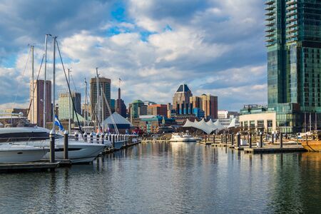 View of a marina at the Inner Harbor, in Baltimore, Maryland.のeditorial素材