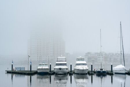 A marina in fog, at the Inner Harbor, in Baltimore, Maryland.の写真素材