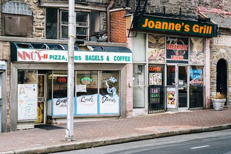 Businesses along Preston Street, in Mount Vernon, Baltimore, Maryland.のeditorial素材