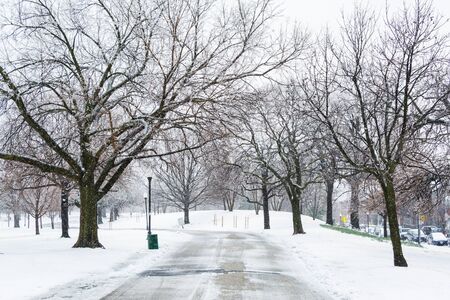 Walkway in the snow, in Patterson Park, Baltimore, Maryland.の写真素材