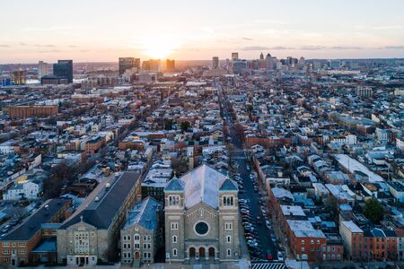 Aerial view at sunset over Upper Fells Point, in Baltimore, Maryland.の写真素材