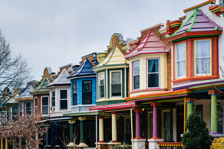 The colorful Painted Ladies row houses, on Guilford Avenue, in Charles Village, Baltimore, Maryland.の写真素材