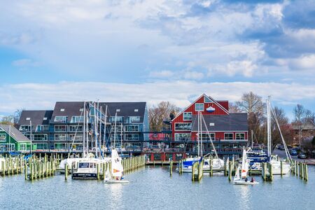 Buildings and marinas along Spa Creek, in Annapolis, Maryland.の写真素材