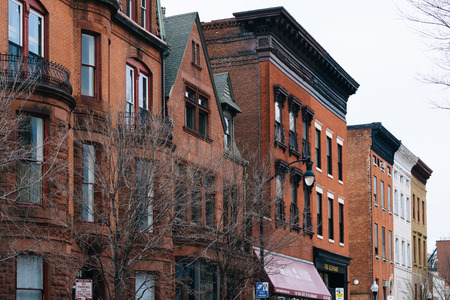 Historic buildings along Charles Street, in Mount Vernon, Baltimore, Maryland.のeditorial素材