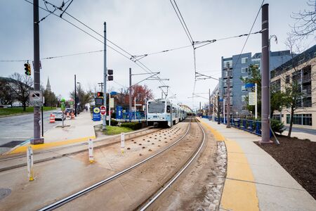 Light rail tracks in Midtown Baltimore, Maryland.のeditorial素材