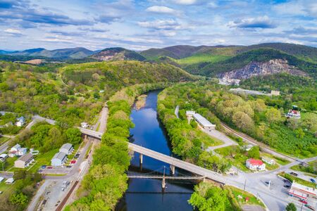 Aerial view of the James River and surrounding mountains in Buchanan, Virginia.の写真素材
