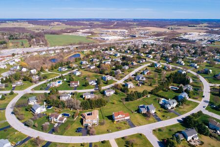Aerial view of suburban housing developments in Shrewsbury, Pennsylvania.の写真素材