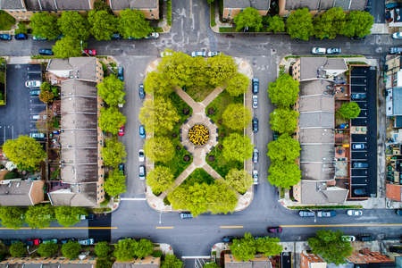 Aerial view of townhomes and a small park in Canton, Baltimore, Maryland.の写真素材