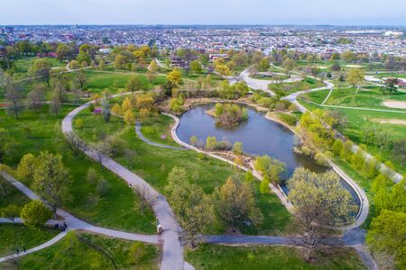 Aerial view of the pond at Patterson Park, in Baltimore, Maryland.の写真素材