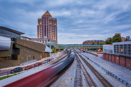View of railroad tracks and buildings in downtown Roanoke, Virginia.の写真素材