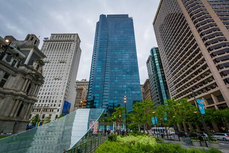 Dilworth Park and modern buildings in Center City, Philadelphia, Pennsylvania.の写真素材