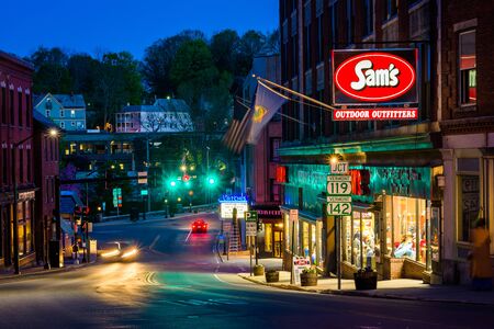 Main Street at night, in downtown Brattleboro, Vermont.のeditorial素材