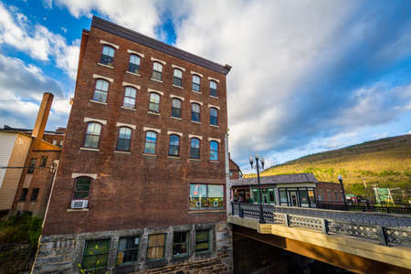 Old brick building and bridge in Brattleboro, Vermont.
