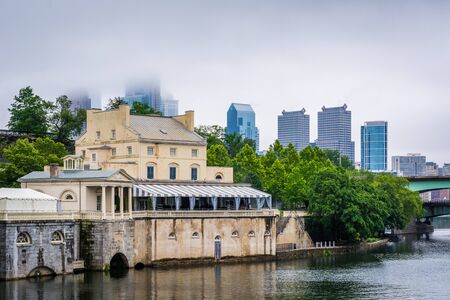 Fairmount Waterworks, and the skyline in fog, in Philadelphia, Pennsylvania.の写真素材