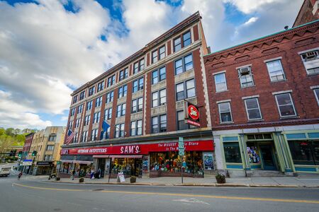 Buildings along Main Street, in downtown Brattleboro, Vermont.のeditorial素材