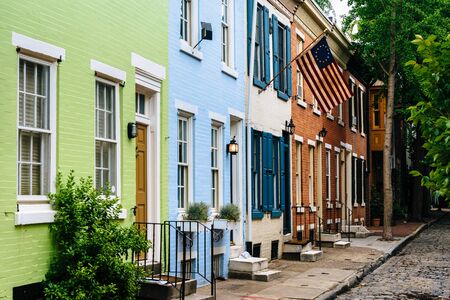 Colorful row houses along Panama Street near Filter Square, Philadelphia, Pennsylvania.のeditorial素材