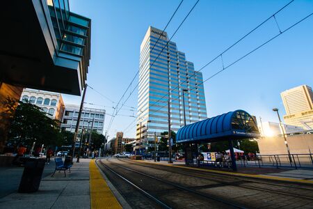 Light Rail tracks and station and buildings in downtown Baltimore, Maryland.