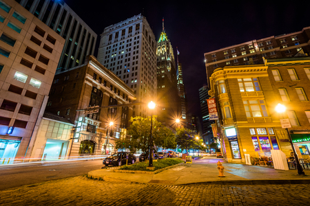 Water Street and buildings at night in downtown Baltimore, Maryland.のeditorial素材