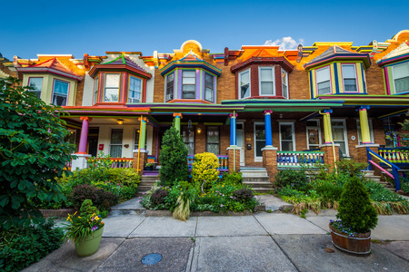 Colorful row houses on Guilford Avenue, in Charles Village, Baltimore, Maryland.のeditorial素材
