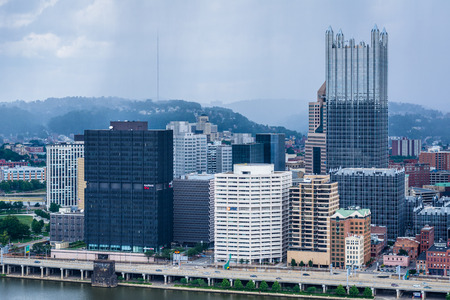 Stormy view of the Pittsburgh skyline and Monongahela River, from Mount Washington, in Pittsburgh, Pennsylvaniaの写真素材