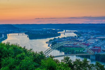 Sunset over the Ohio River, seen from Mount Washington, in Pittsburgh, Pennsylvania.の写真素材