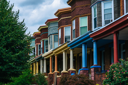 Colorful row houses on Guilford Avenue, in Baltimore, Marylandのeditorial素材