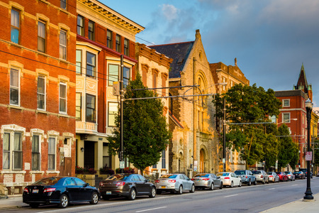 Historic buildings along Race Street in Over-The-Rhine, Cincinnati, Ohio.のeditorial素材
