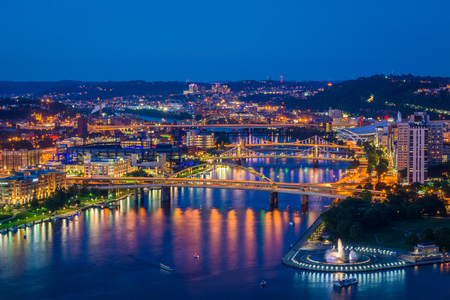 View of the Allegheny River at night, from Mount Washington, in Pittsburgh, Pennsylvania.のeditorial素材