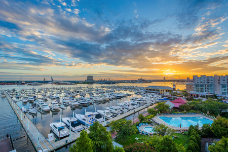Sunset view over the Canton Waterfront in Baltimore, Marylandのeditorial素材