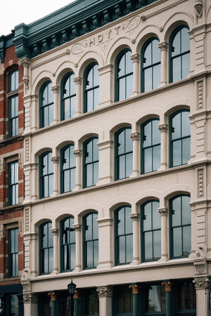 Architectural details on Saint Clair Avenue, in the Warehouse District, Cleveland, Ohio