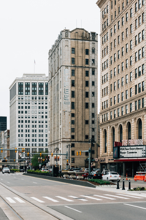 Buildings on Woodward Avenue, in downtown Detroit, Michiganのeditorial素材