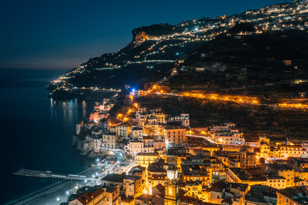 Night view of Minori, on the Amalfi Coast in Campania, Italy