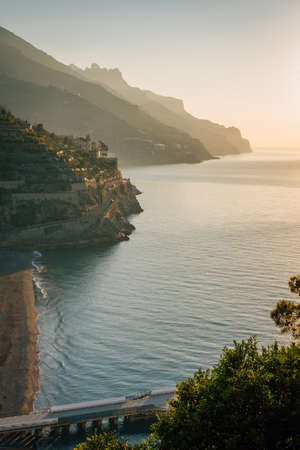 The Amalfi Coast at sunrise, seen from Minori, in Campania, Italyの写真素材
