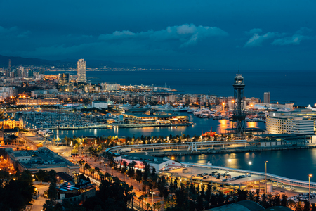 Night cityscape view of Barcelona from Jardins del Mirador, on MontjuÃ¯c Hill, in Barcelona, Spainの写真素材
