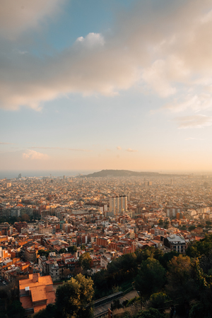 Cityscape sunset view from Bunkers Del Carmel, in Barcelona, Spainの写真素材