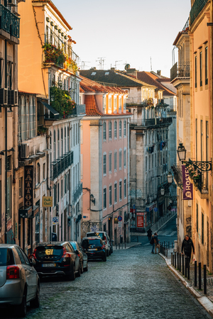 Colorful buildings along Rua das Flores, in Bica, Lisbon, Portugalのeditorial素材