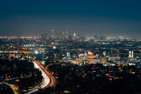 View of Hollywood and the Downtown skyline at night from the Hollywood Bowl Overlook on Mulholland Drive, in Los Angeles, Californiaのeditorial素材