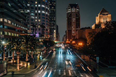 Night cityscape view of 5th street in downtown Los Angeles, Californiaのeditorial素材