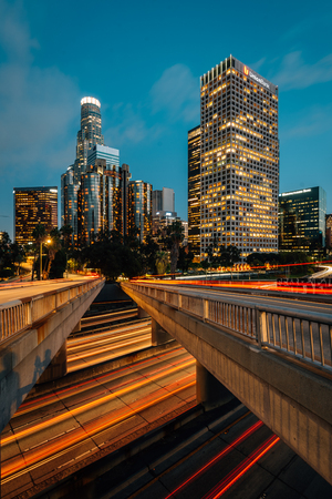 Los Angeles skyline cityscape view of the 110 Freeway at night, in downtown Los Angeles, California