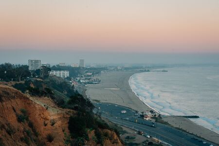 Sunset view of Santa Monica, from Pacific Palisades, Los Angeles, Californiaの写真素材