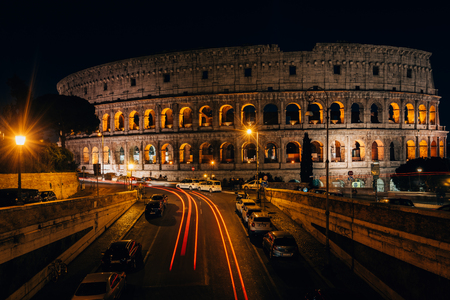 Via degli Annibaldi and the Colosseum at night, in Rome, Italy.のeditorial素材