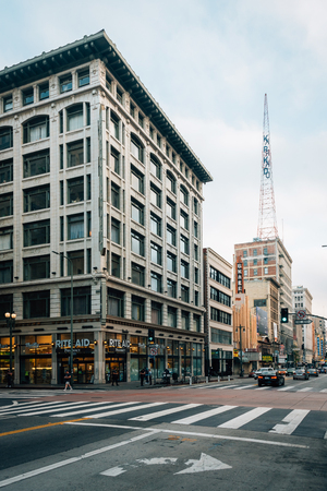 Buildings along Broadway in downtown Los Angeles, Californiaのeditorial素材