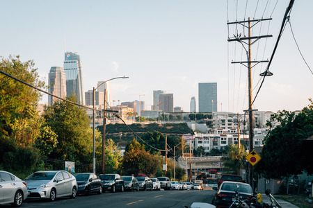 Street and view of the downtown skyline in Los Angeles, Californiaのeditorial素材