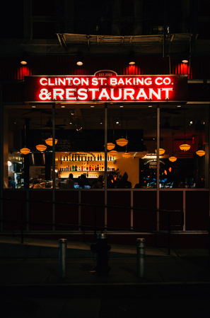 Clinton Street Baking Company Restaurant sign in the Lower East Side, Manhattan, New York Cityのeditorial素材