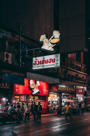 Neons signs at night in Chinatown, Bangkok, Thailandのeditorial素材