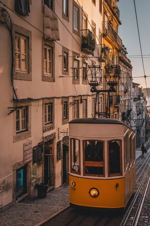A tram on the Elevador da Bica, in Bairro Alto, Lisbon, Portugalのeditorial素材