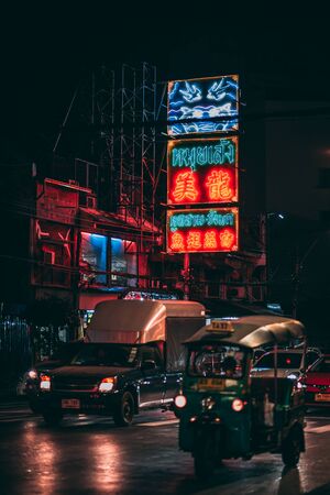 Neons signs at night in Chinatown, Bangkok, Thailandのeditorial素材