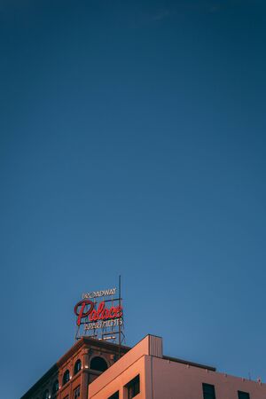 Broadway Palace sign in downtown Los Angeles, Californiaのeditorial素材
